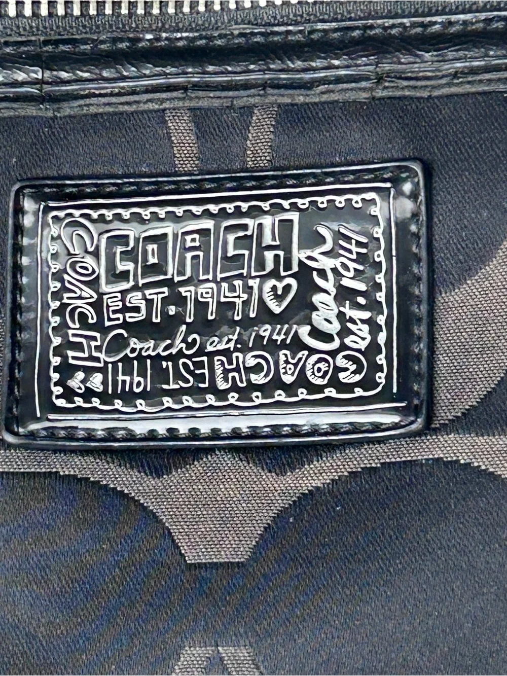 Coach #F20064 Black & Brown Signature Fabric Crossbody Hobo Bag Heart Charm